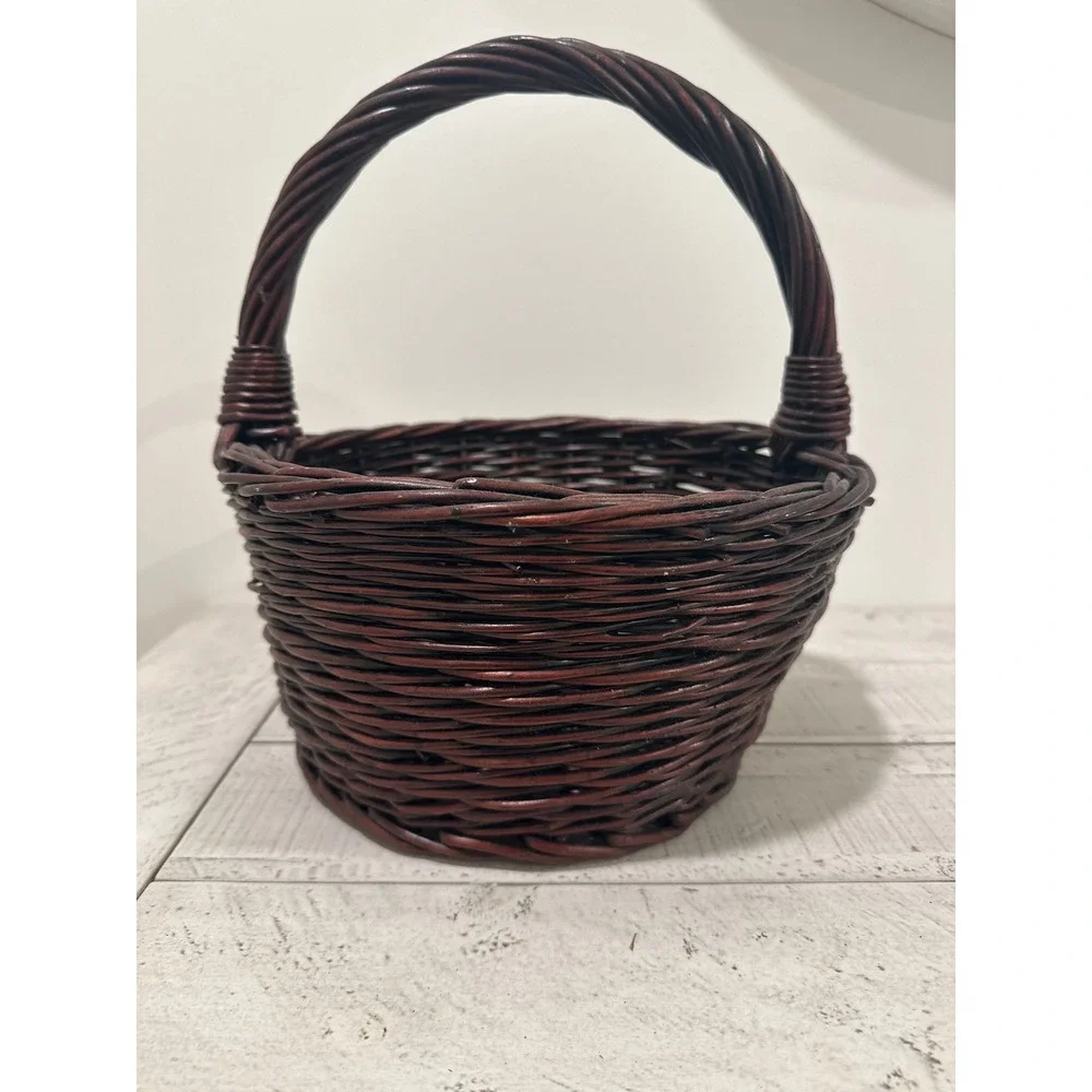 Dark Brown Woven Wicker Basket with Twisted Handle Round Decorative Storage